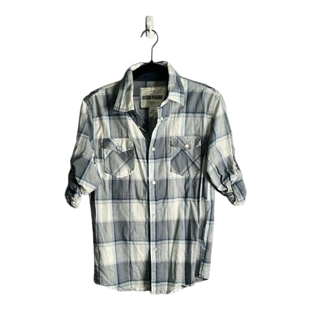 Boys Ditch Plains Blue Gray Plaid Snap Front Shirt Large